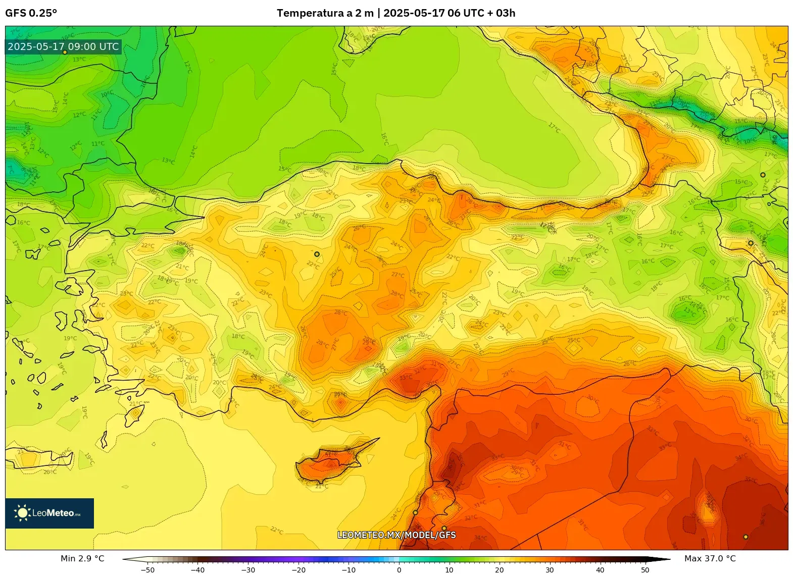 GFS model - Turquía, Temperatura a 2 m GFS model - Turquía, Temperatura a 2 m