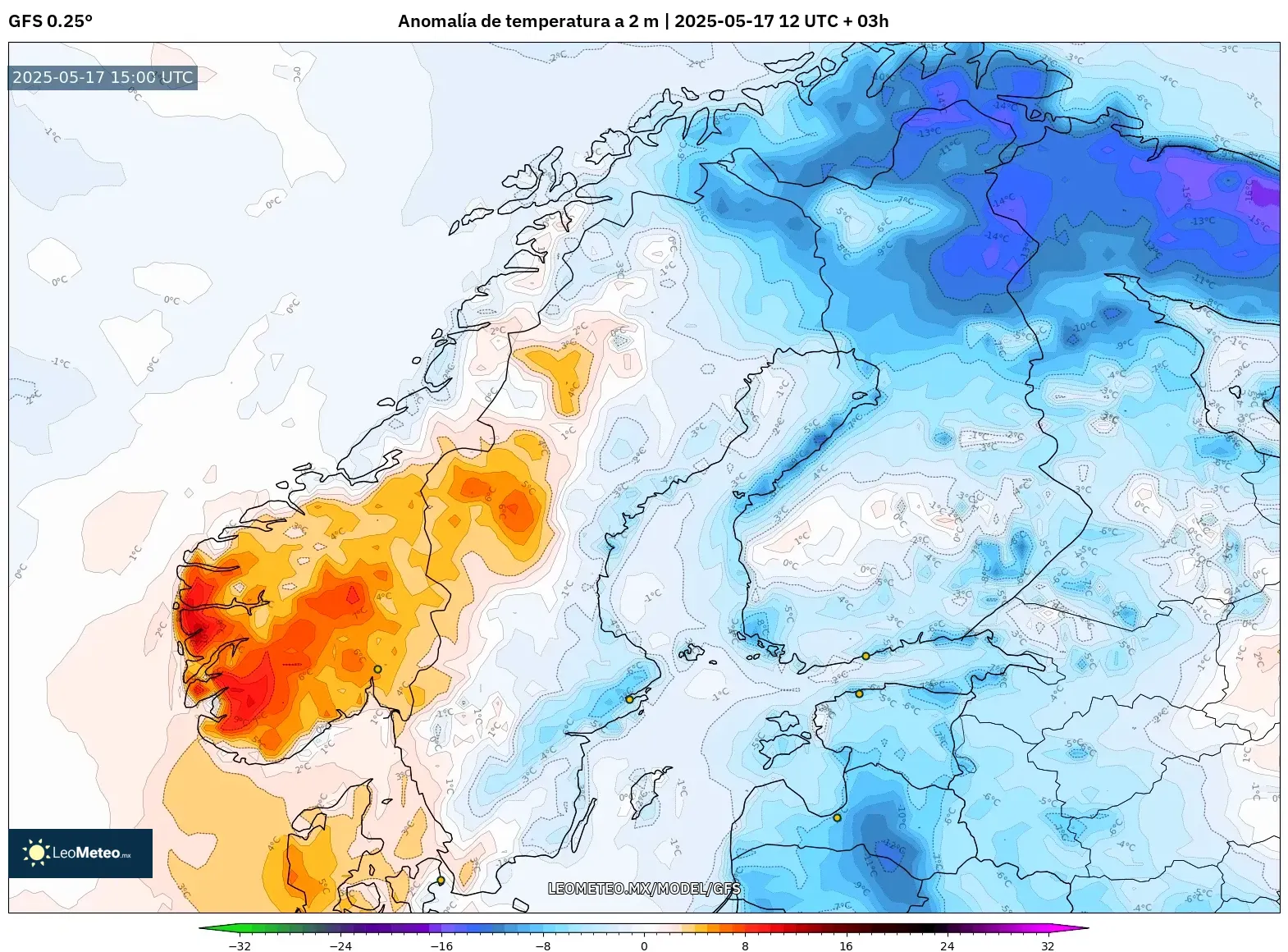 GFS model - Escandinavia, Anomalía de temperatura a 2 m GFS model - Escandinavia, Anomalía de temperatura a 2 m