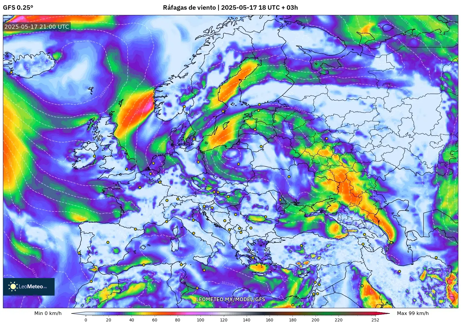 GFS model - Europa, Ráfagas de viento