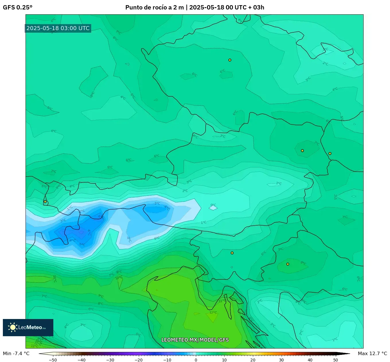 GFS model - Austria, Punto de rocío a 2 m GFS model - Austria, Punto de rocío a 2 m