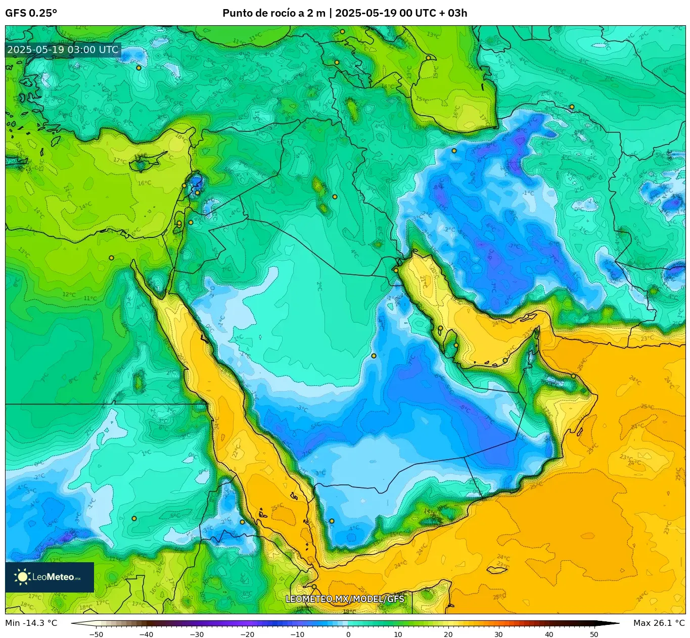 GFS model - Oriente Medio, Punto de rocío a 2 m GFS model - Oriente Medio, Punto de rocío a 2 m
