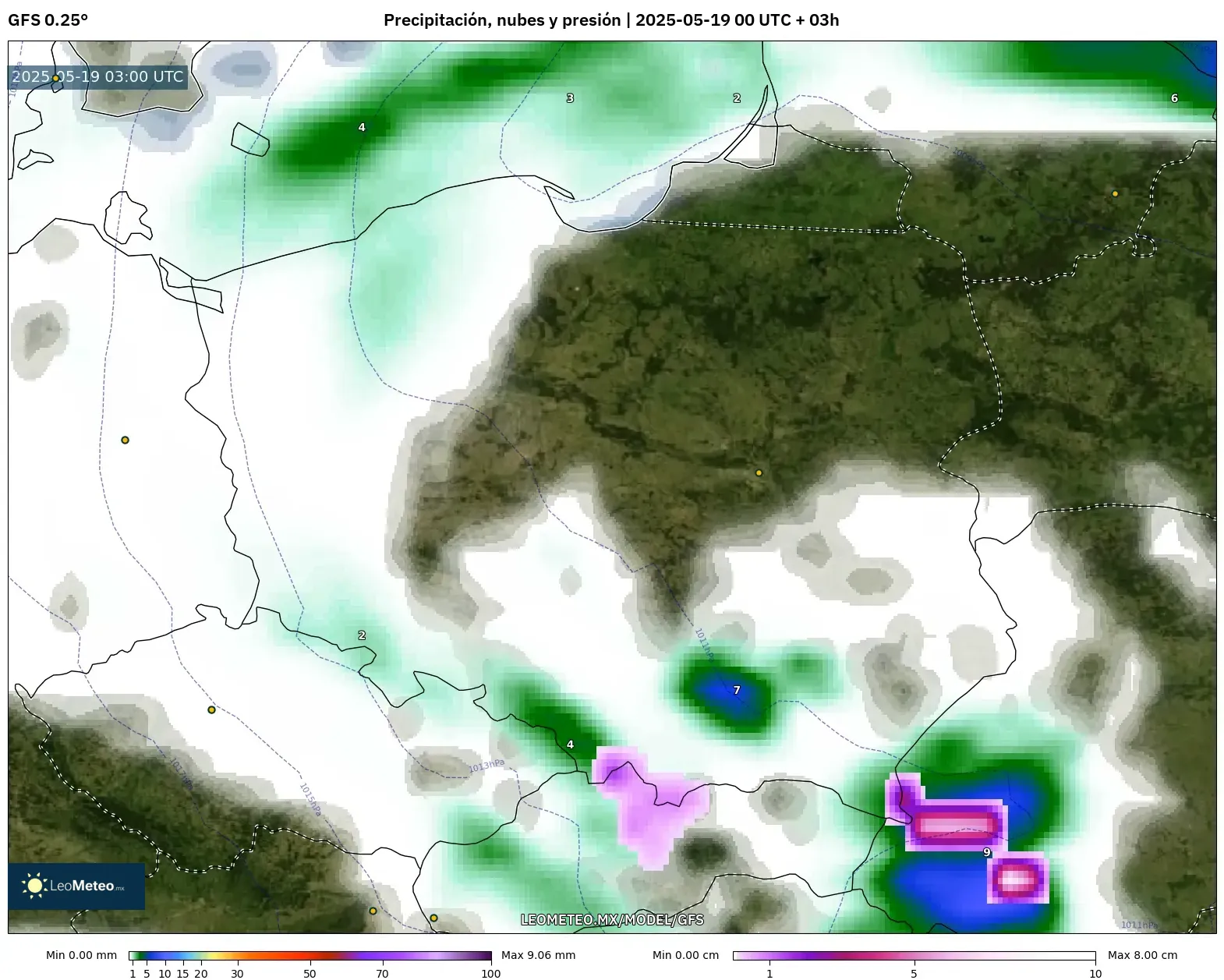 GFS model - Polonia, Precipitación, nubes y presión GFS model - Polonia, Precipitación, nubes y presión