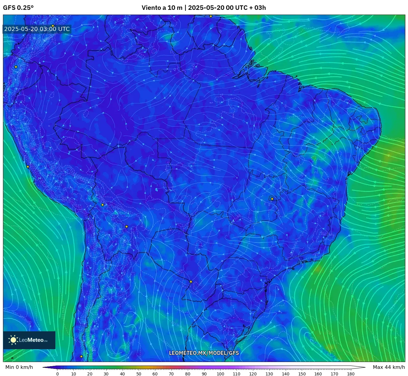 GFS model - Brasil, Viento a 10 m GFS model - Brasil, Viento a 10 m