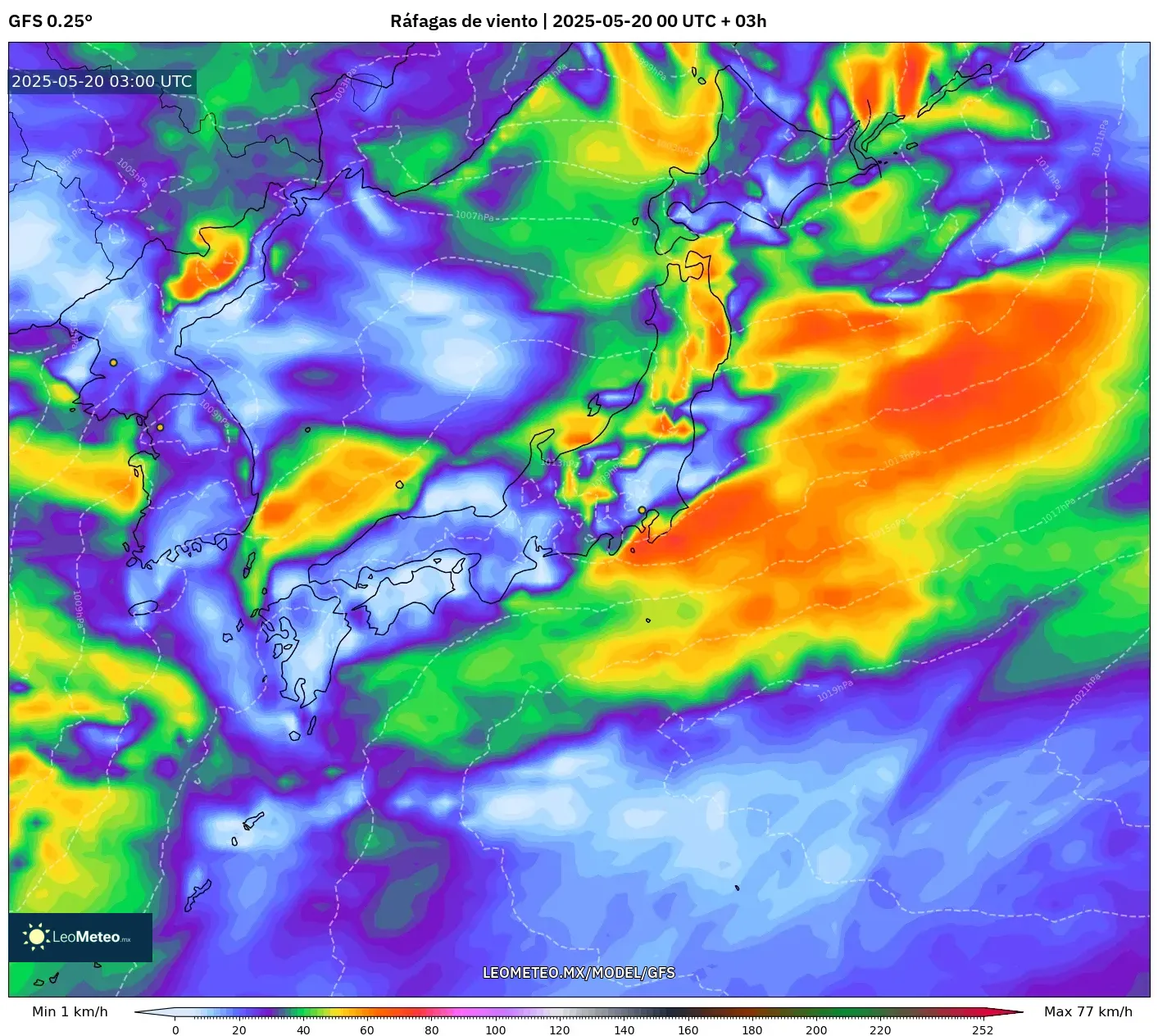 GFS model - Japón, Ráfagas de viento GFS model - Japón, Ráfagas de viento