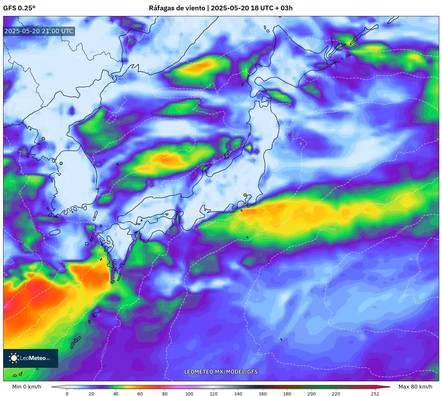GFS model - Japón, Ráfagas de viento GFS model - Japón, Ráfagas de viento