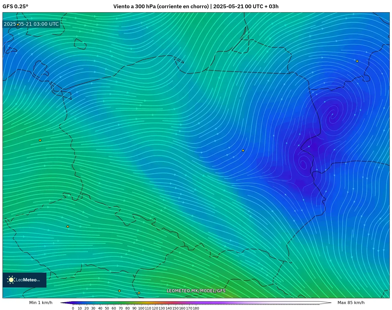 GFS model - Polonia, Viento a 300 hPa (corriente en chorro) GFS model - Polonia, Viento a 300 hPa (corriente en chorro)