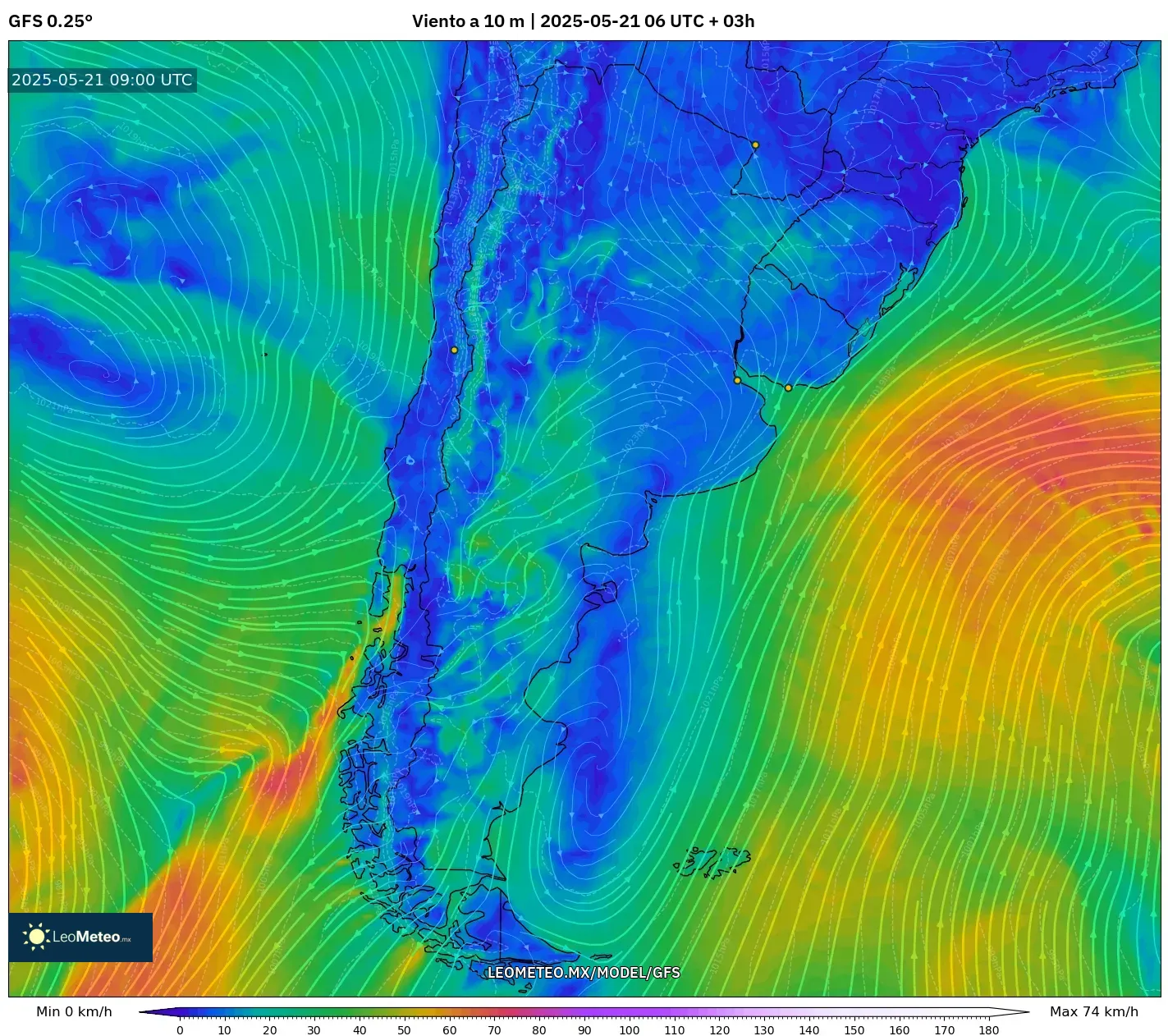 GFS model - Argentina, Viento a 10 m GFS model - Argentina, Viento a 10 m