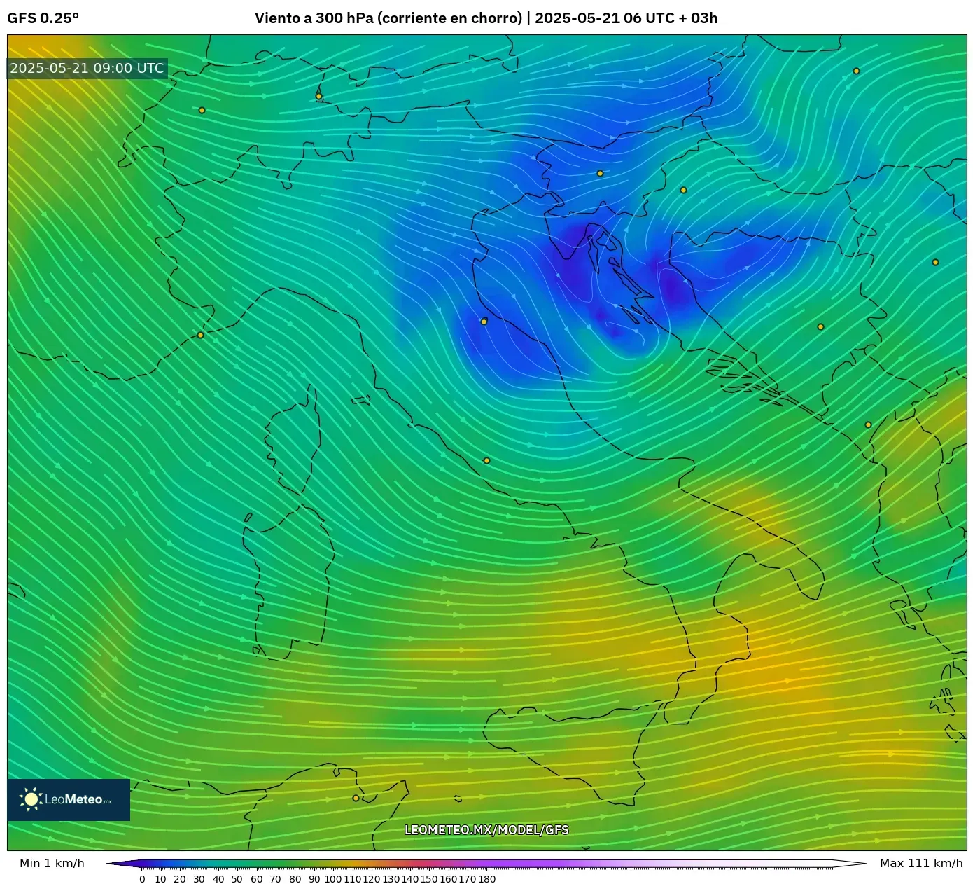 GFS model - Italia, Viento a 300 hPa (corriente en chorro) GFS model - Italia, Viento a 300 hPa (corriente en chorro)