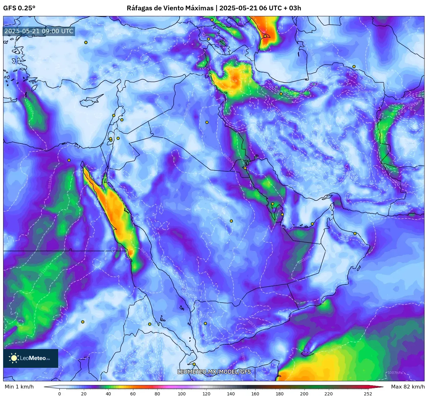 GFS model - Oriente Medio, Ráfagas de Viento Máximas GFS model - Oriente Medio, Ráfagas de Viento Máximas