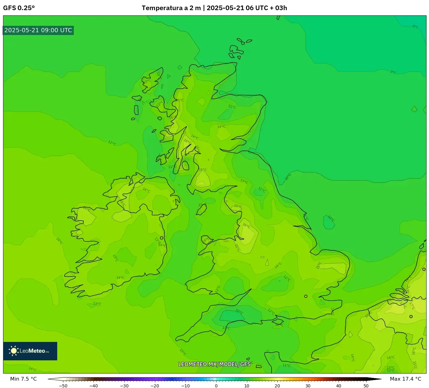 GFS model - Reino Unido, Temperatura a 2 m GFS model - Reino Unido, Temperatura a 2 m