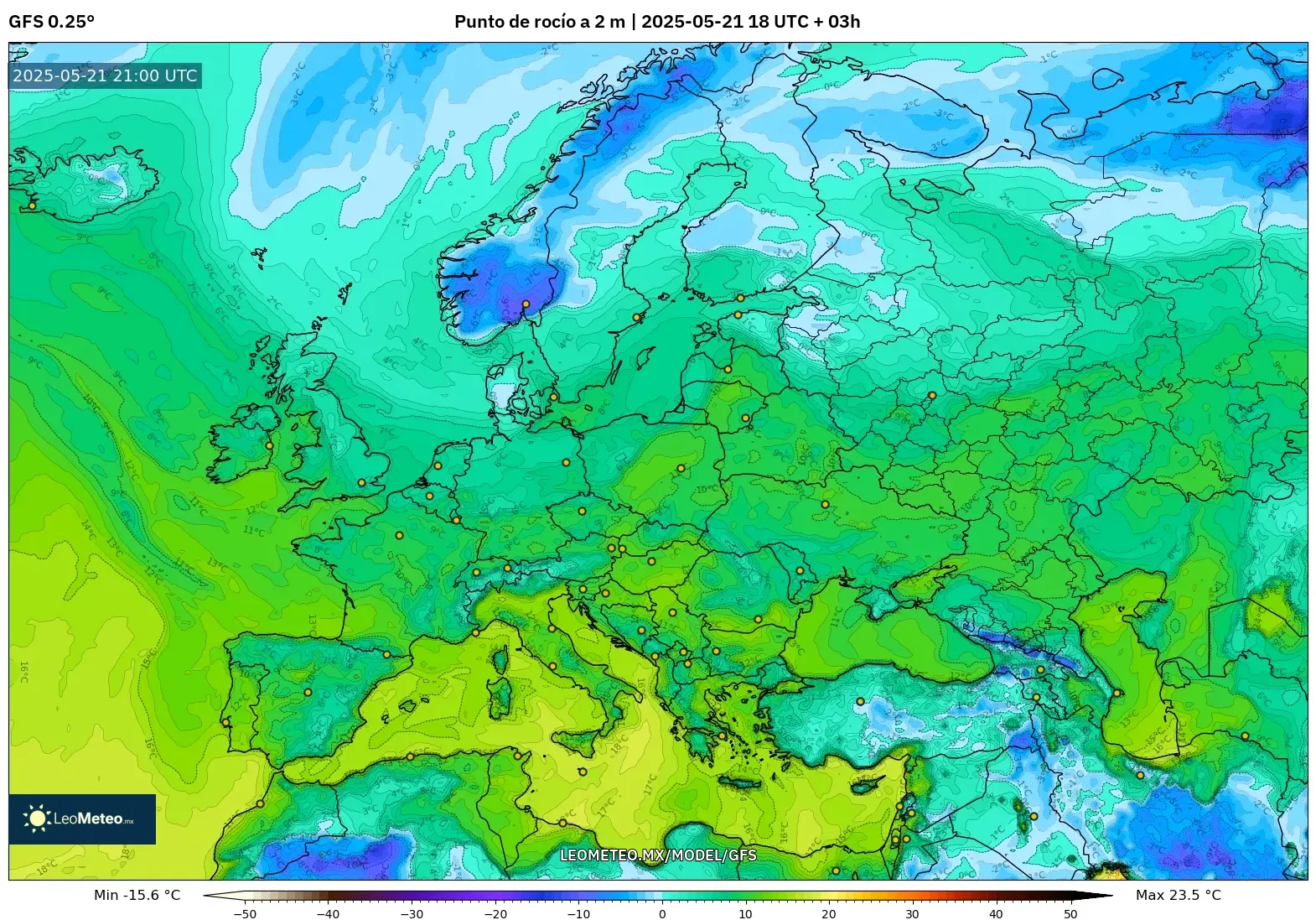 GFS model - Europa, Punto de rocío a 2 m