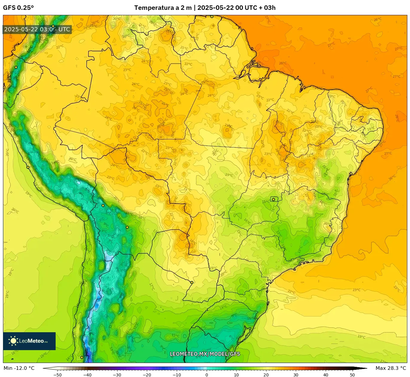 GFS model - Brasil, Temperatura a 2 m GFS model - Brasil, Temperatura a 2 m