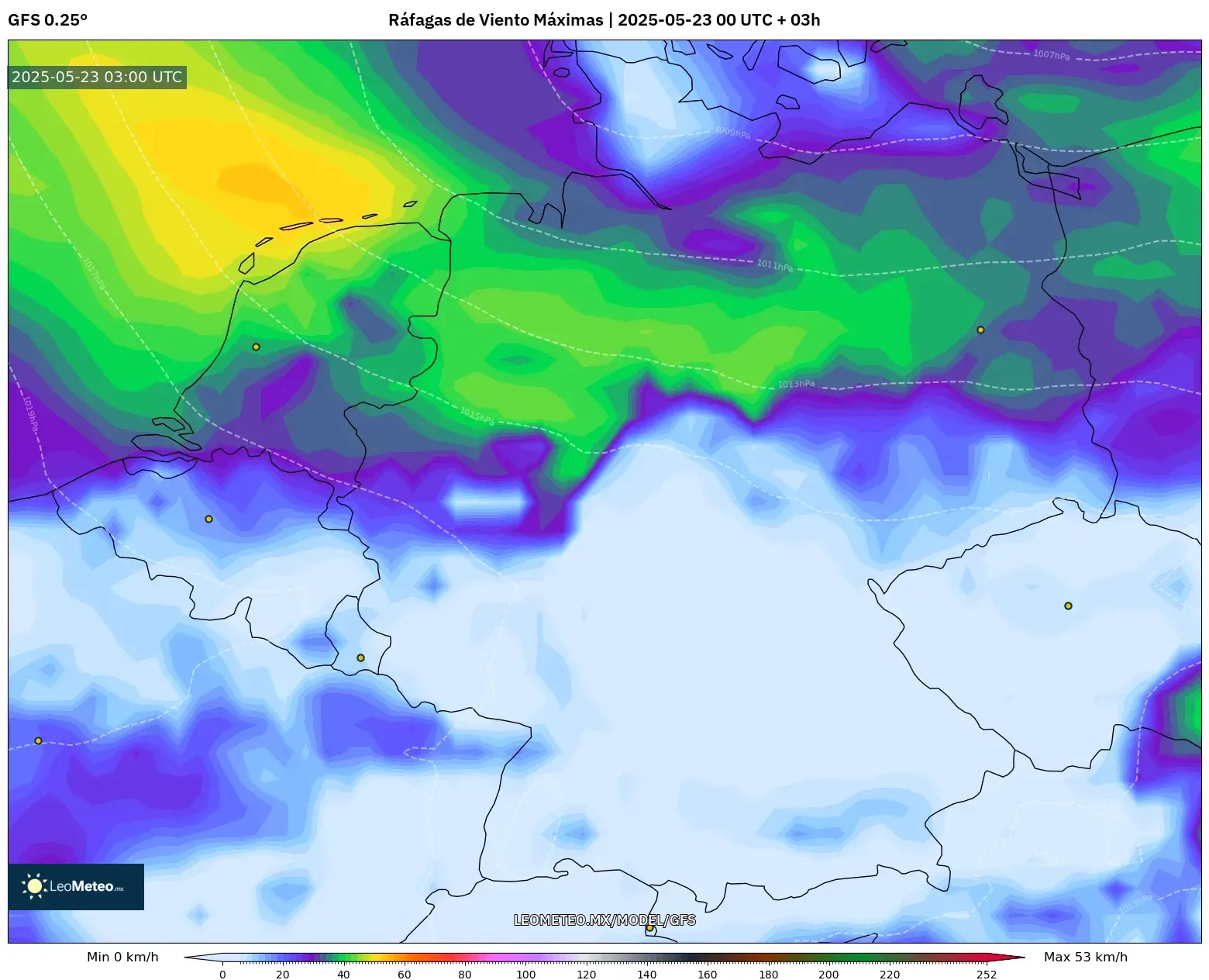 GFS model - Alemania, Ráfagas de Viento Máximas GFS model - Alemania, Ráfagas de Viento Máximas