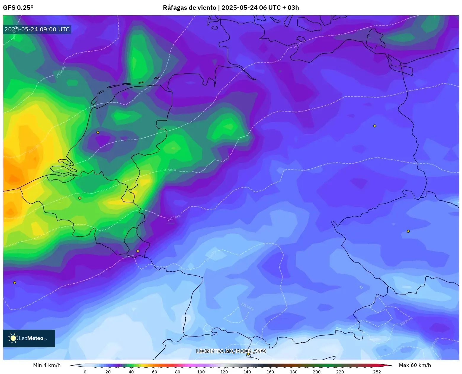 GFS model - Alemania, Ráfagas de viento GFS model - Alemania, Ráfagas de viento