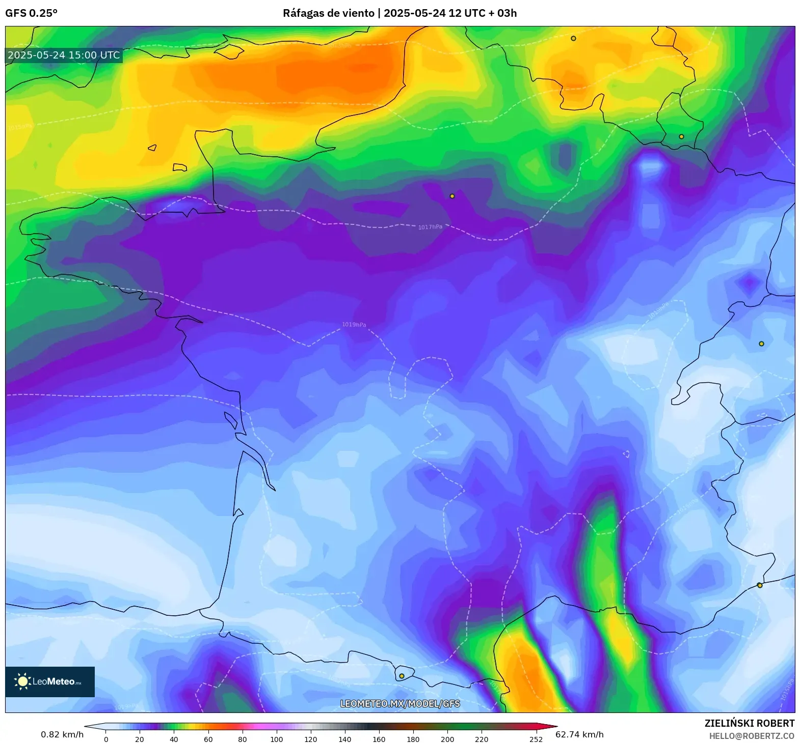 GFS model - Francia, Ráfagas de viento GFS model - Francia, Ráfagas de viento