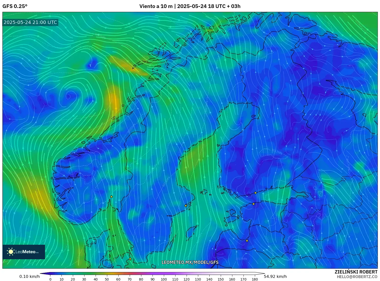 GFS model - Escandinavia, Viento a 10 m GFS model - Escandinavia, Viento a 10 m
