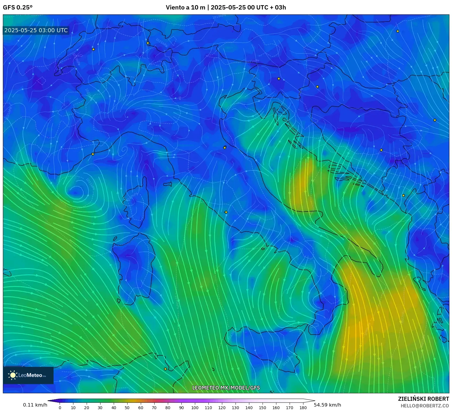 GFS model - Italia, Viento a 10 m GFS model - Italia, Viento a 10 m
