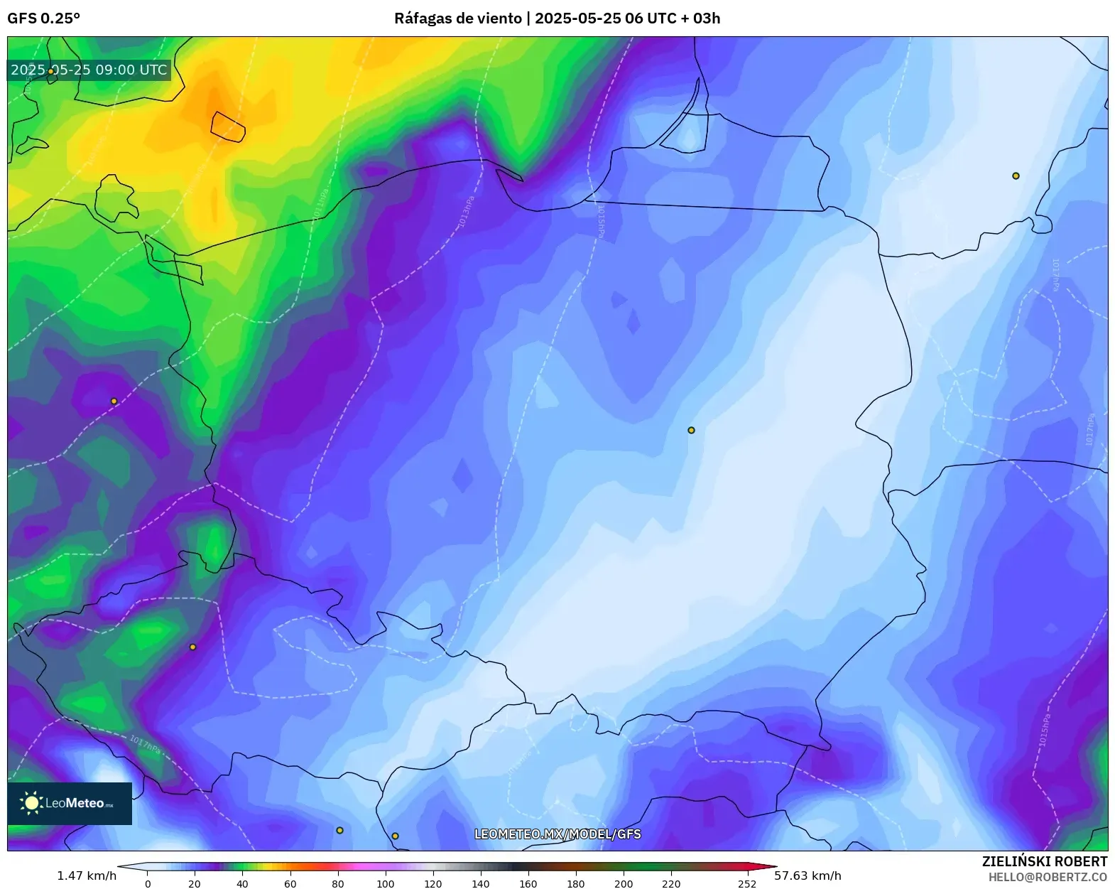 GFS model - Polonia, Ráfagas de viento GFS model - Polonia, Ráfagas de viento