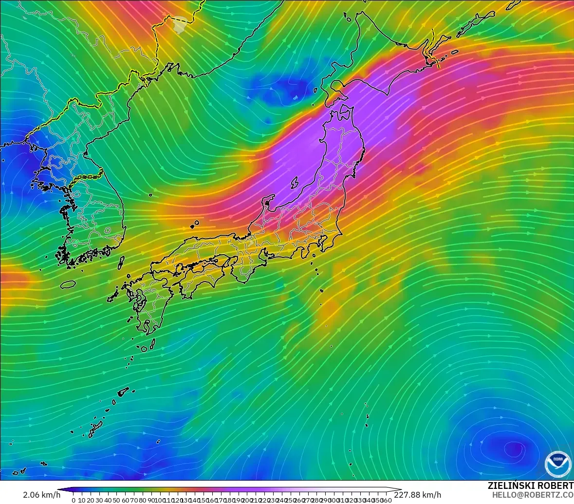 GFS modelo - Japón, Viento a 300 hPa (corriente en chorro)