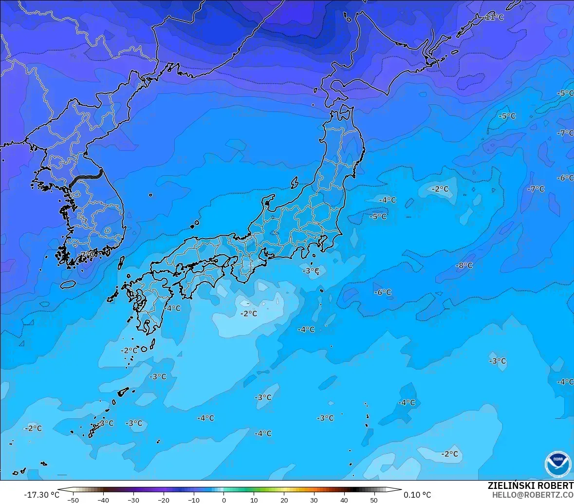 GFS modelo - Japón, Temperatura a 500 hPa