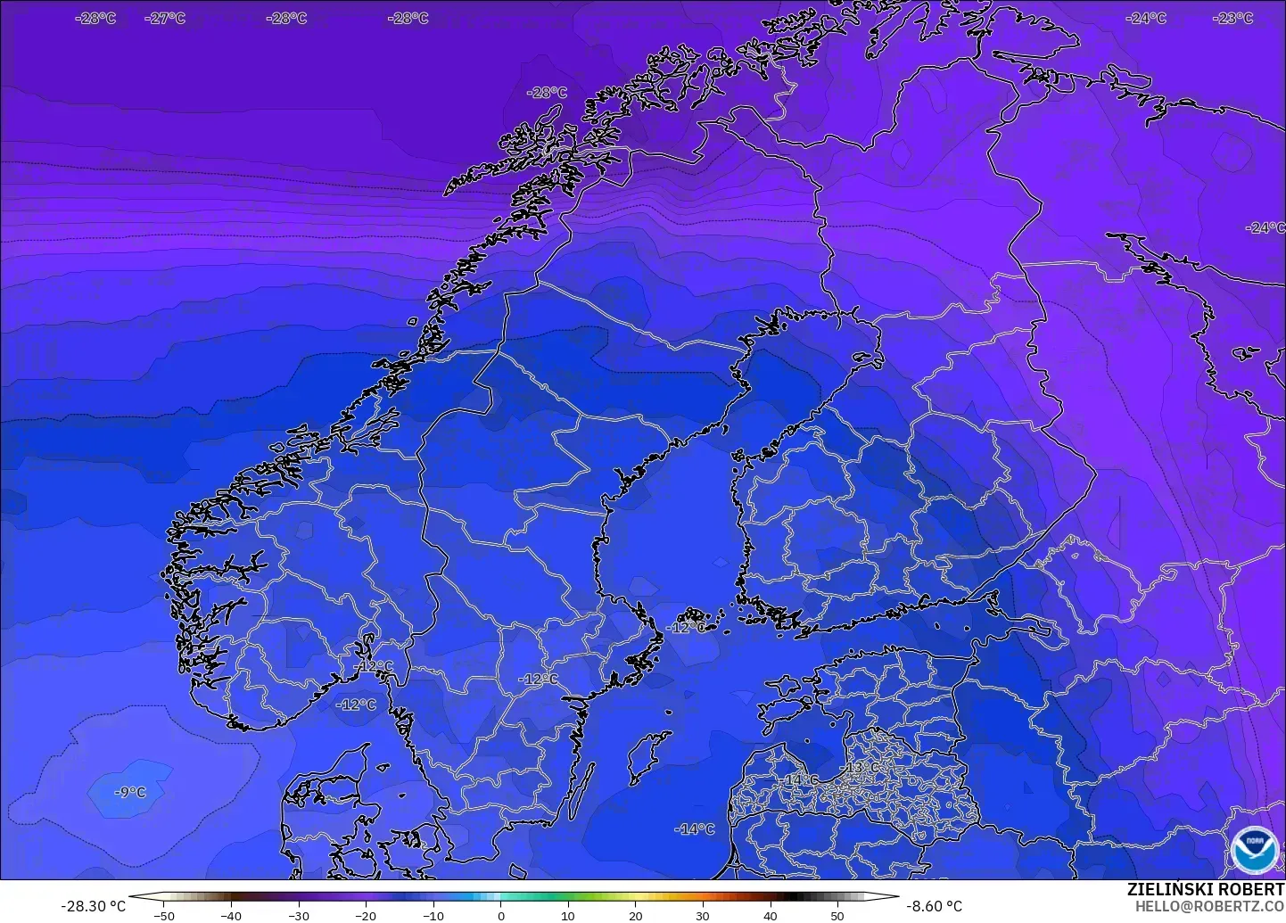 GFS modelo - Escandinavia, Temperatura a 500 hPa