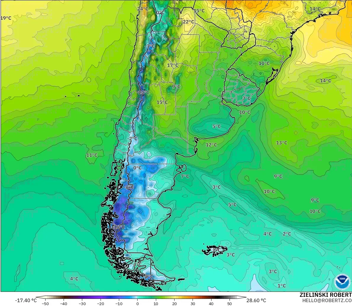 GFS modelo - Argentina, Temperatura a 2 m