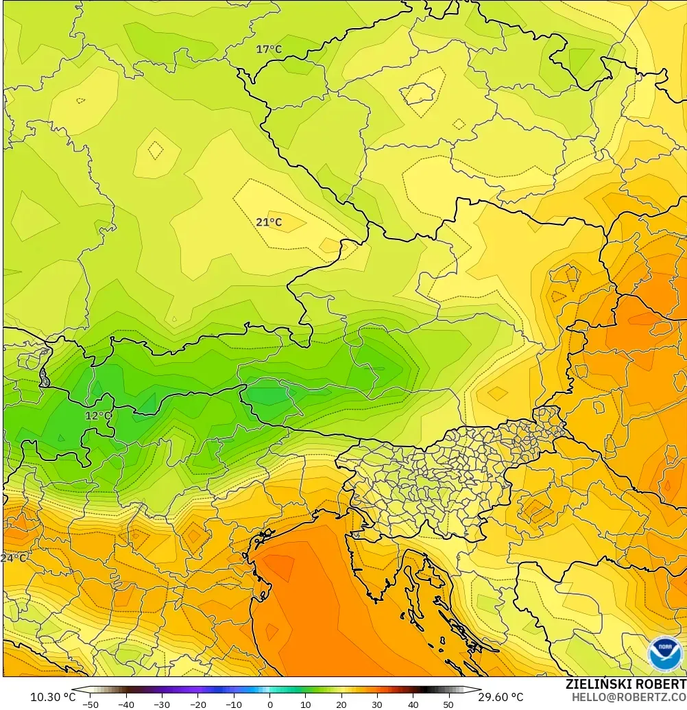 GFS modelo - Austria, Temperatura a 2 m