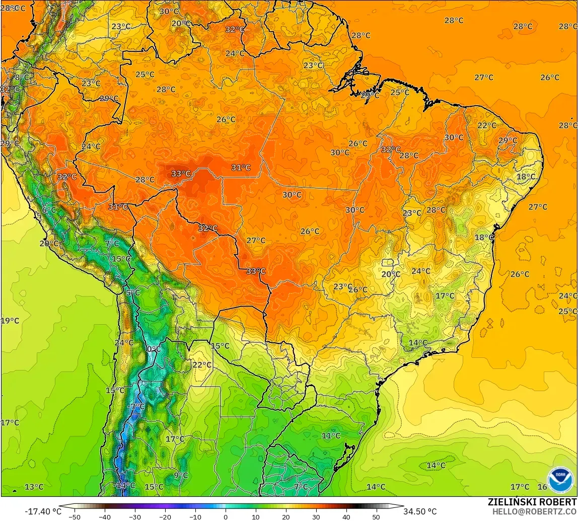 GFS modelo - Brasil, Temperatura a 2 m