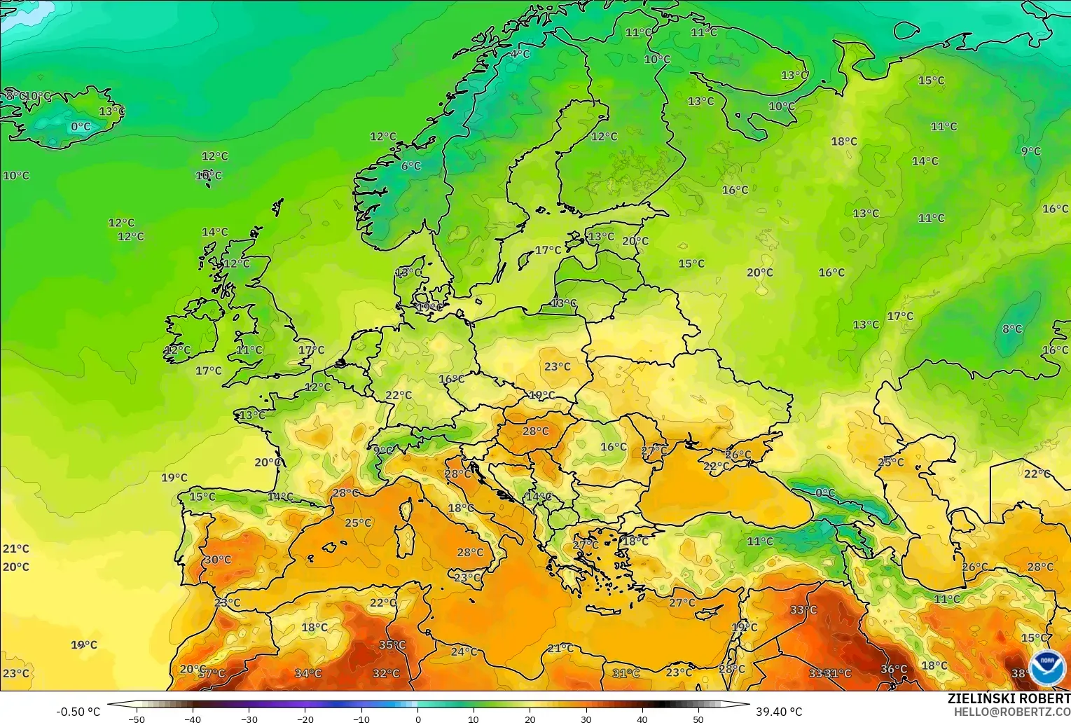 GFS modelo - Europa, Temperatura a 2 m