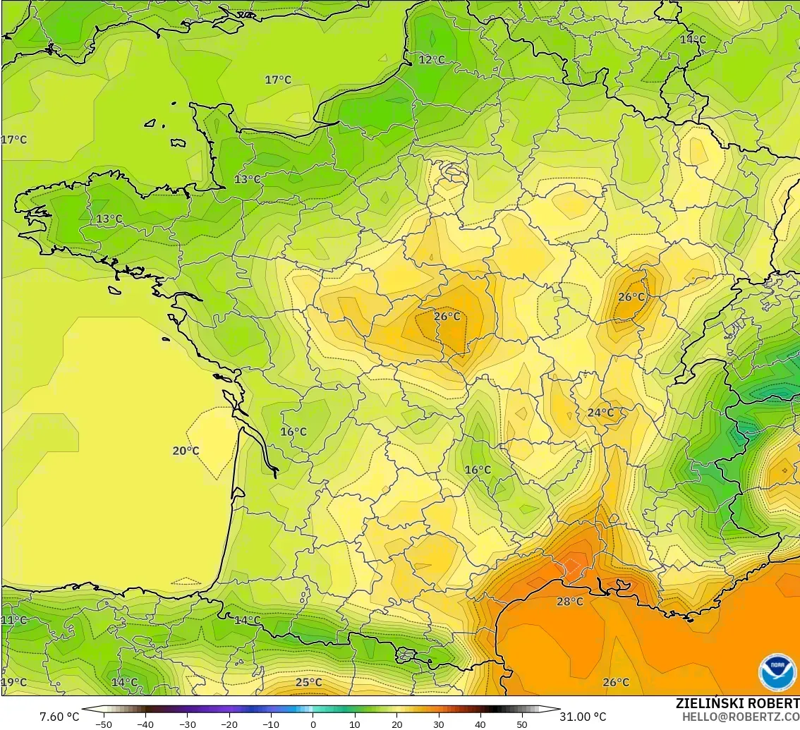 GFS modelo - Francia, Temperatura a 2 m