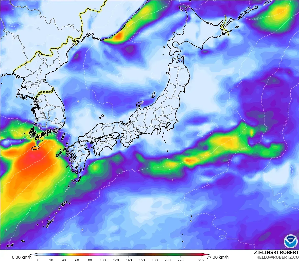 GFS modelo - Japón, Ráfagas de Viento Máximas