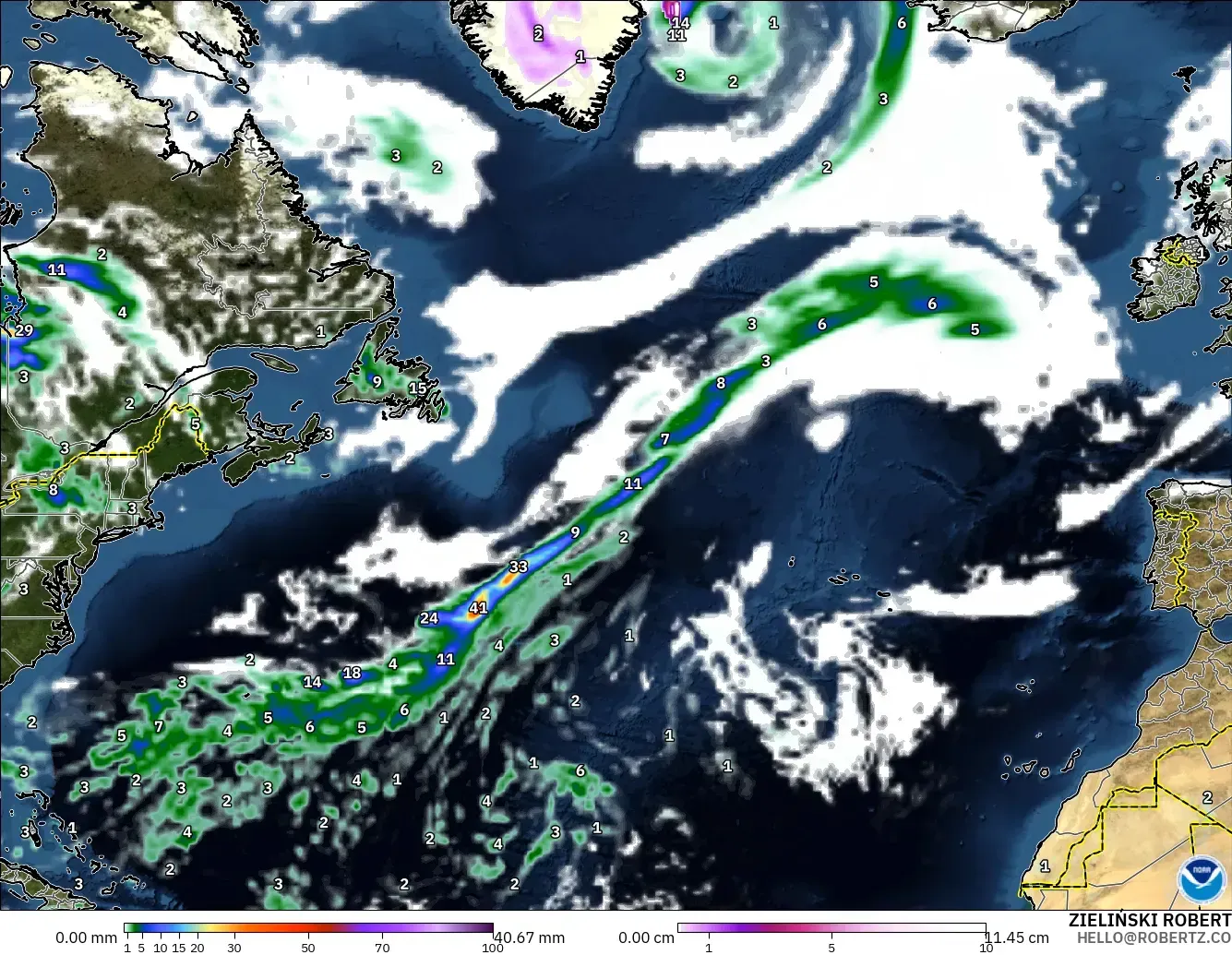 GFS modelo - Norte Atlántico, Precipitación, nubes y presión