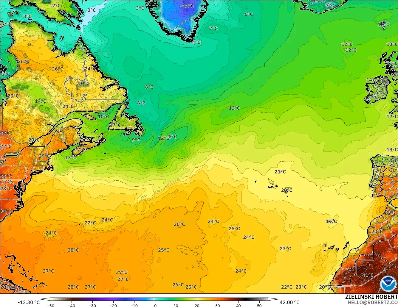 GFS modelo - Norte Atlántico, Temperatura a 2 m