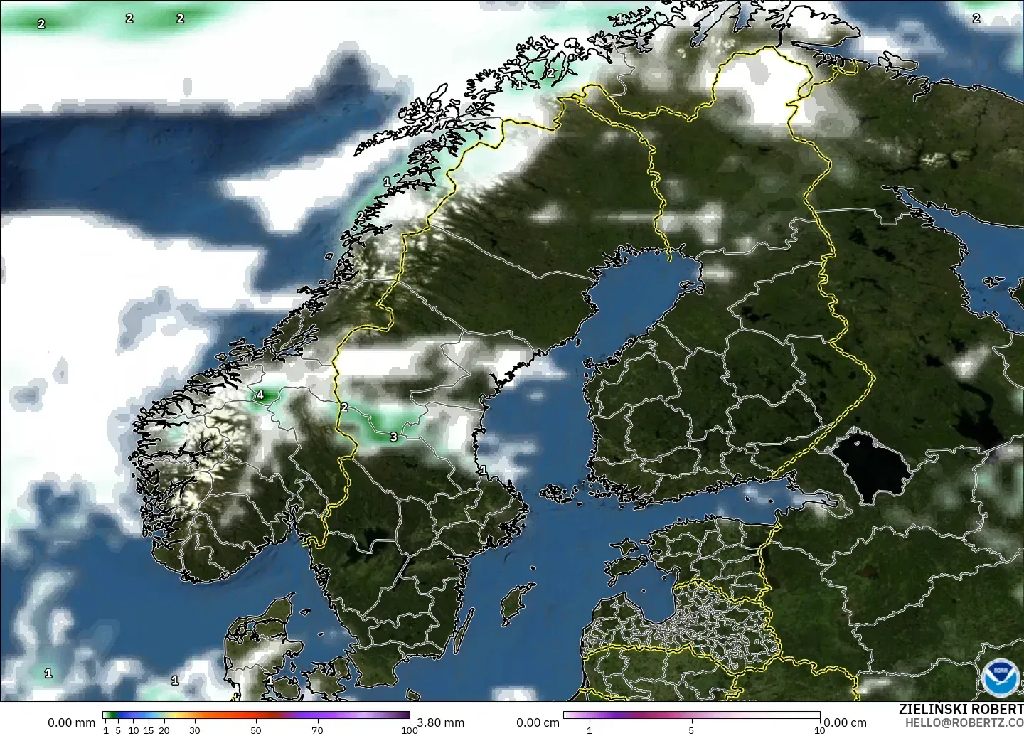 GFS modelo - Escandinavia, Precipitación, nubes y presión