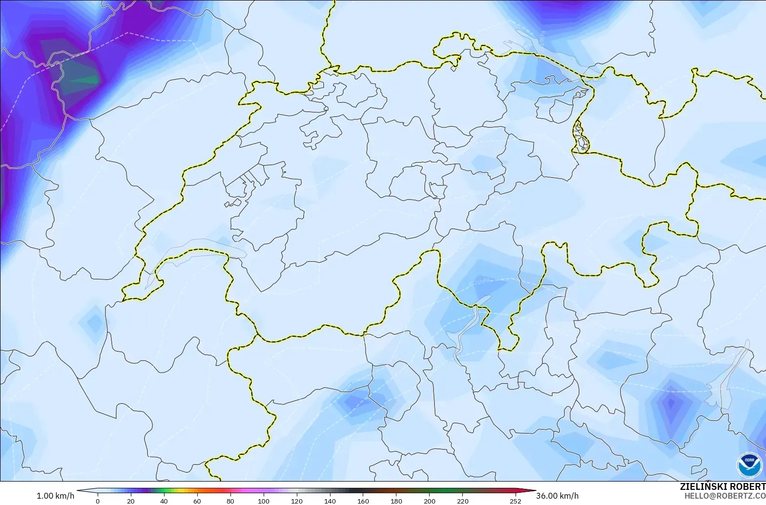 GFS modelo - Suiza, Ráfagas de Viento Máximas