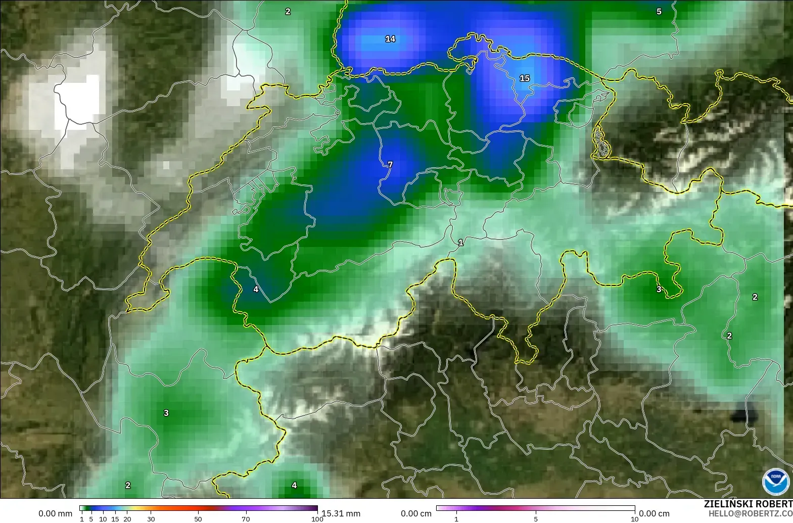 GFS modelo - Suiza, Precipitación, nubes y presión