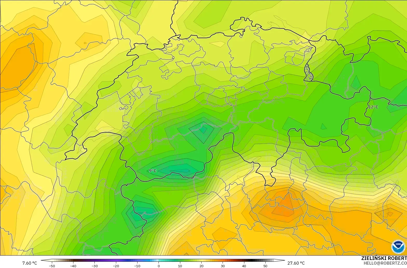 GFS modelo - Suiza, Temperatura a 2 m