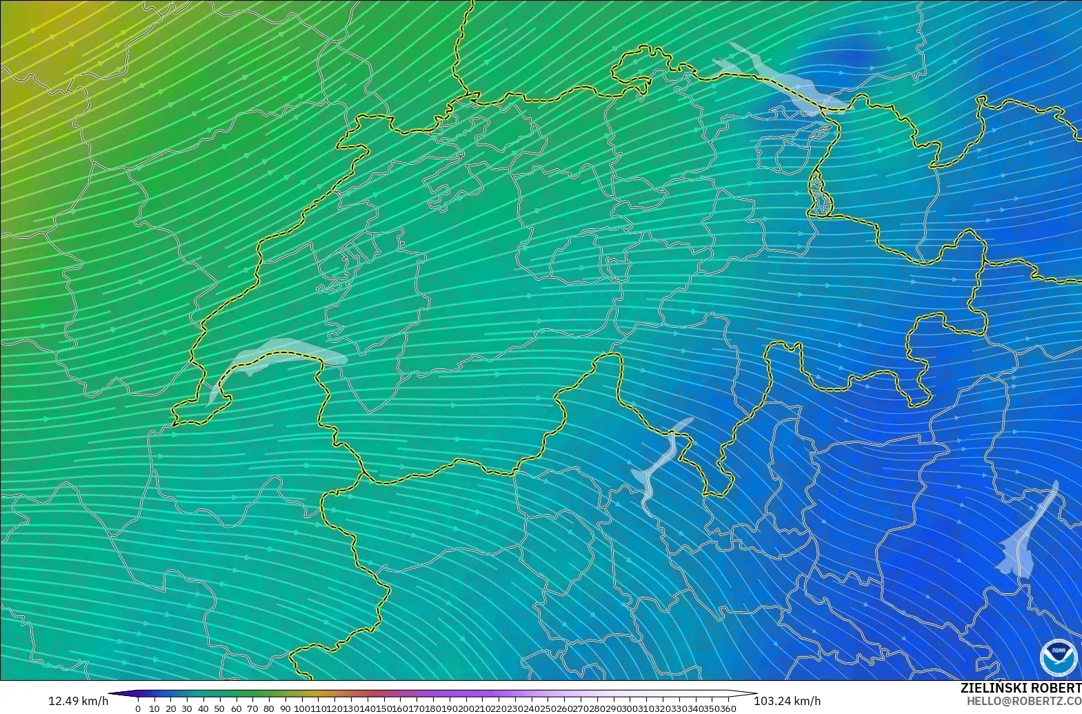 GFS modelo - Suiza, Viento a 300 hPa (corriente en chorro)