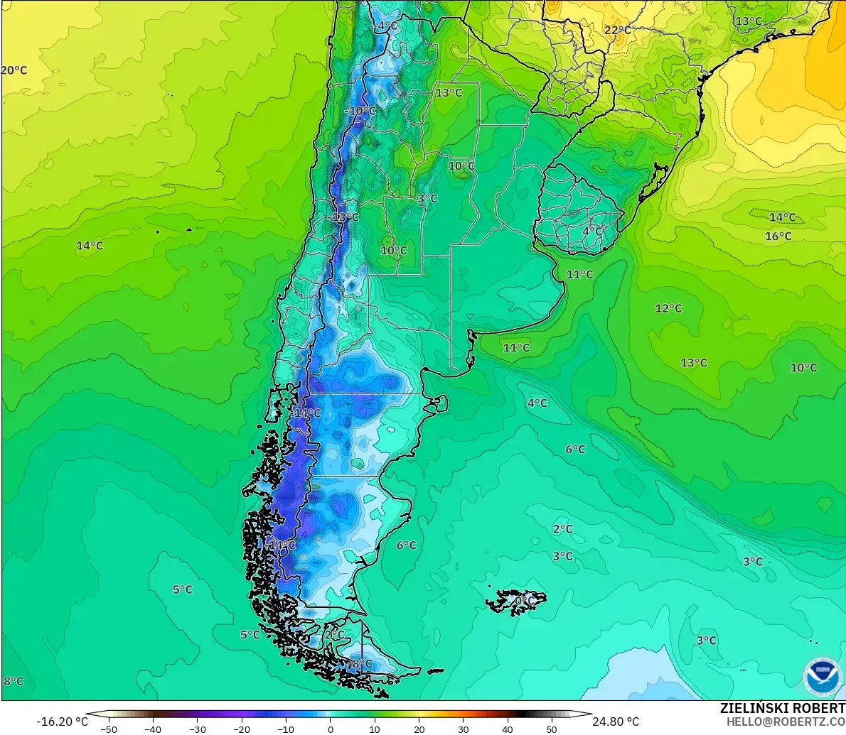 GFS modelo - Argentina, Temperatura a 2 m