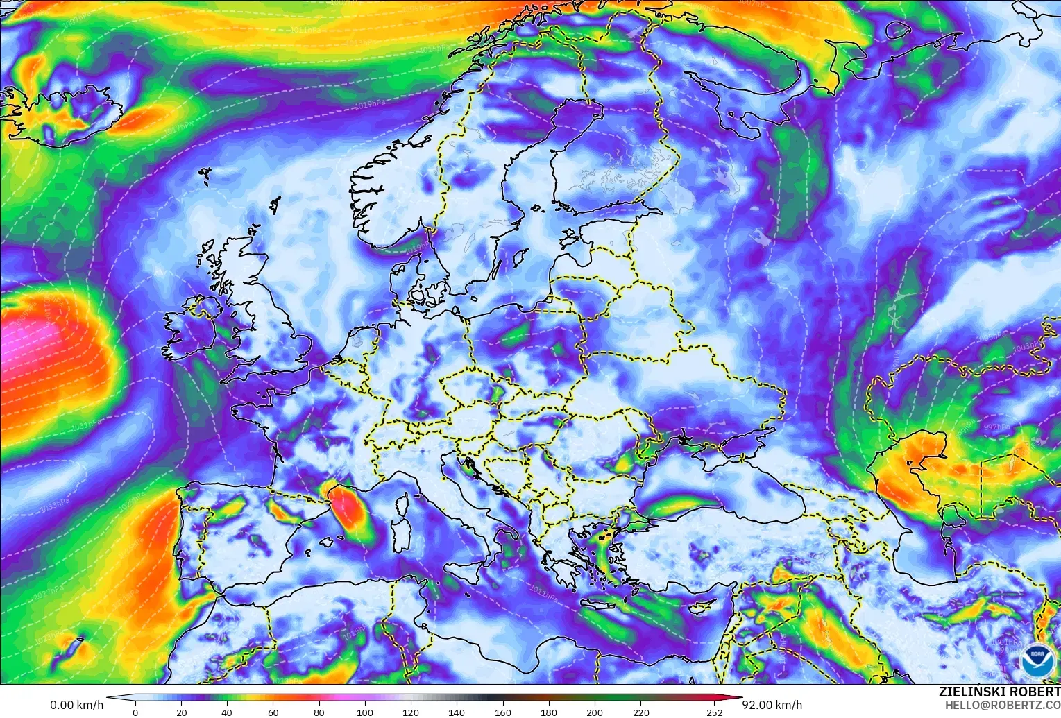 GFS modelo - Europa, Ráfagas de Viento Máximas