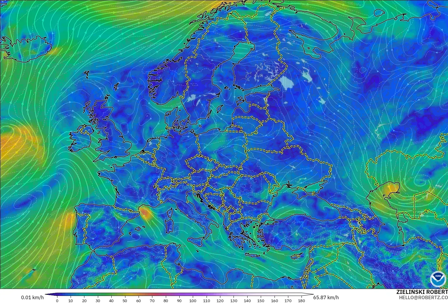 GFS modelo - Europa, Viento a 10 m