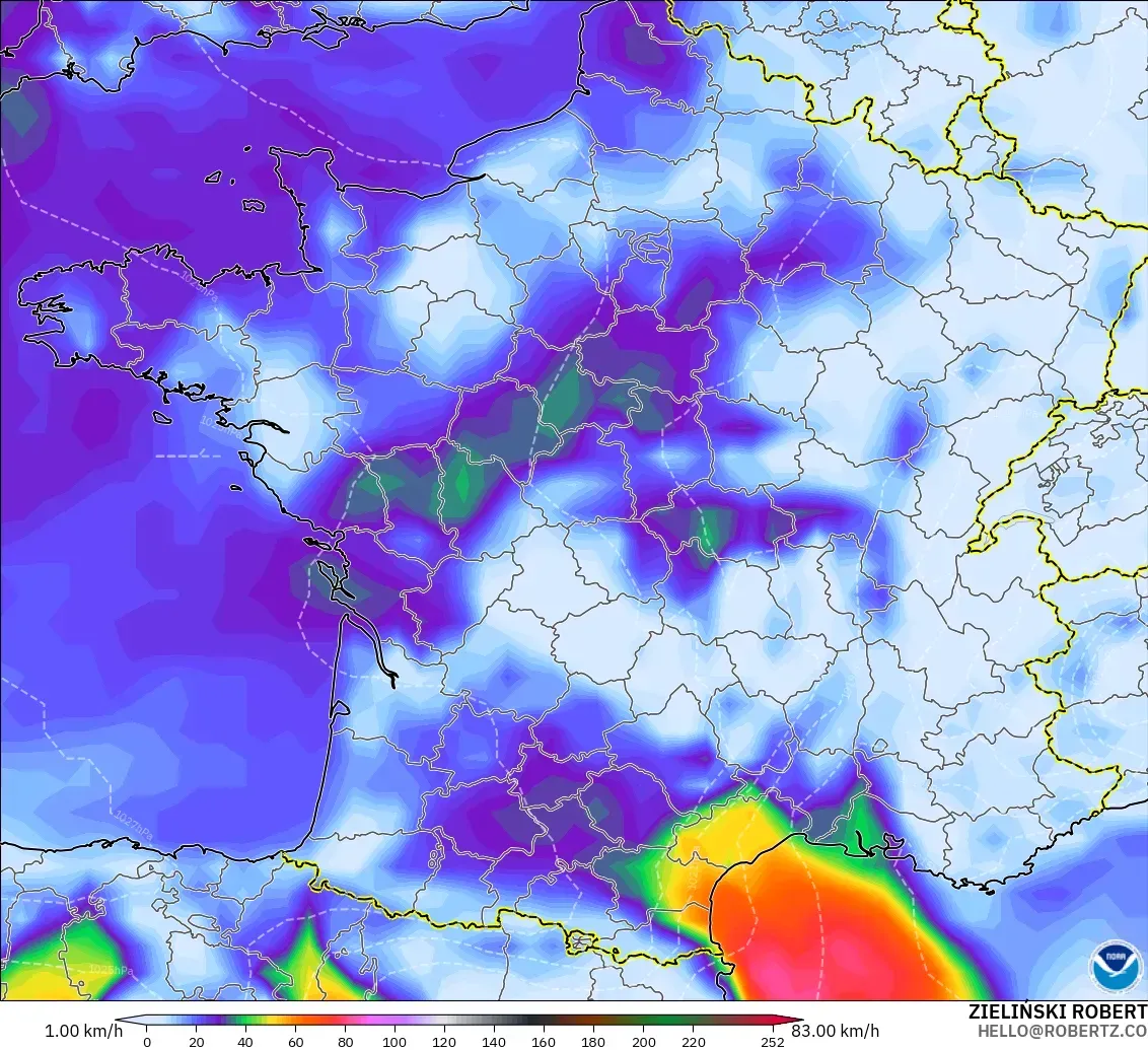 GFS modelo - Francia, Ráfagas de Viento Máximas