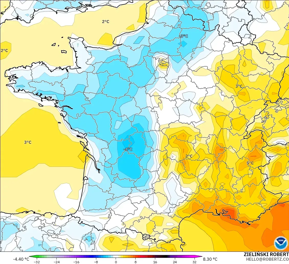 GFS modelo - Francia, Anomalía de temperatura a 2 m