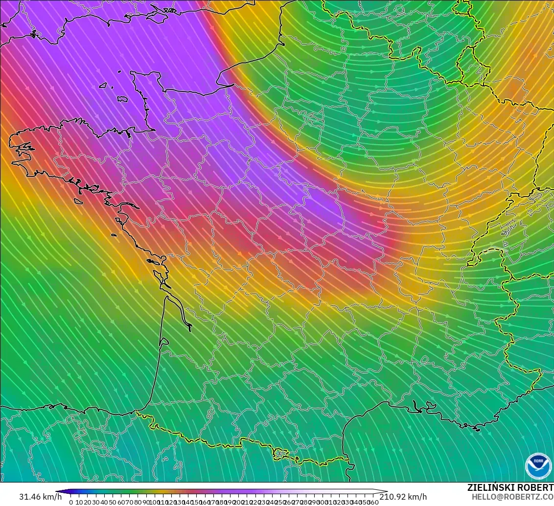 GFS modelo - Francia, Viento a 300 hPa (corriente en chorro)