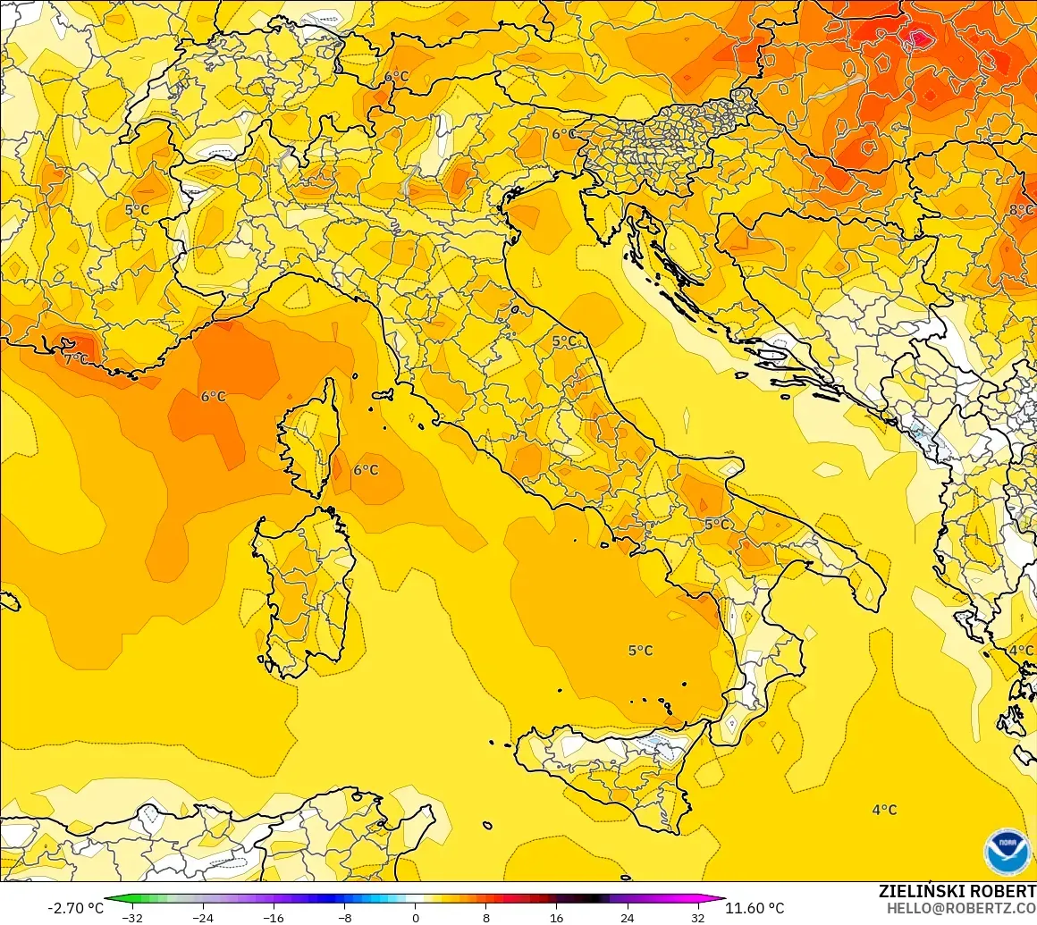 GFS modelo - Italia, Anomalía de temperatura a 2 m