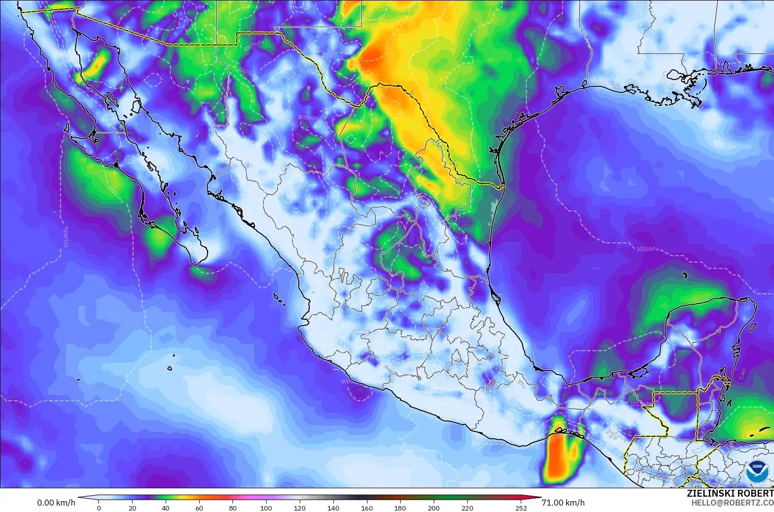 GFS modelo - México, Ráfagas de Viento Máximas