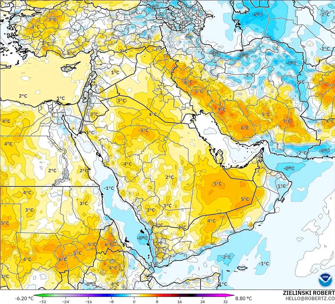 GFS modelo - Oriente Medio, Anomalía de temperatura a 2 m
