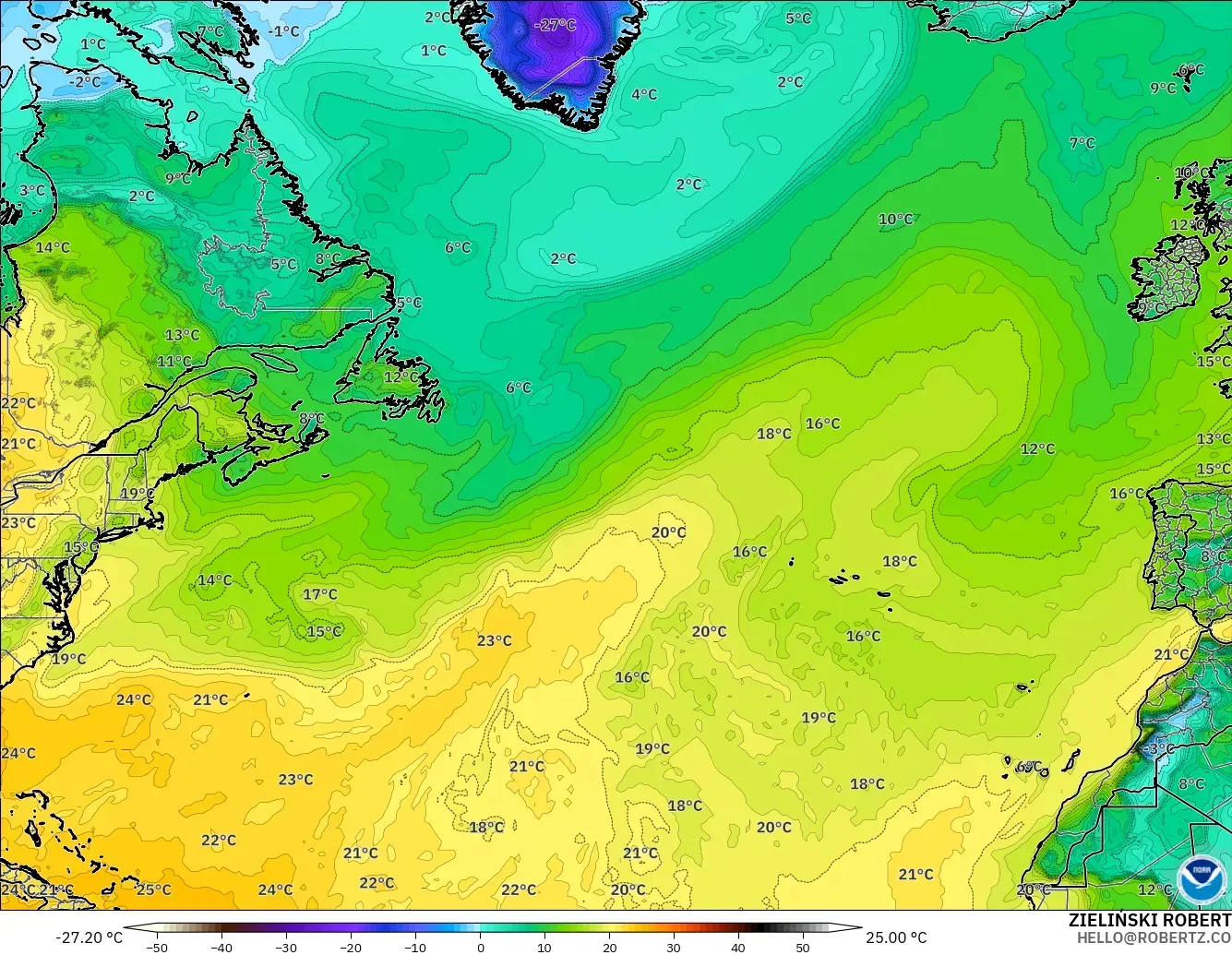 GFS modelo - Norte Atlántico, Punto de rocío a 2 m