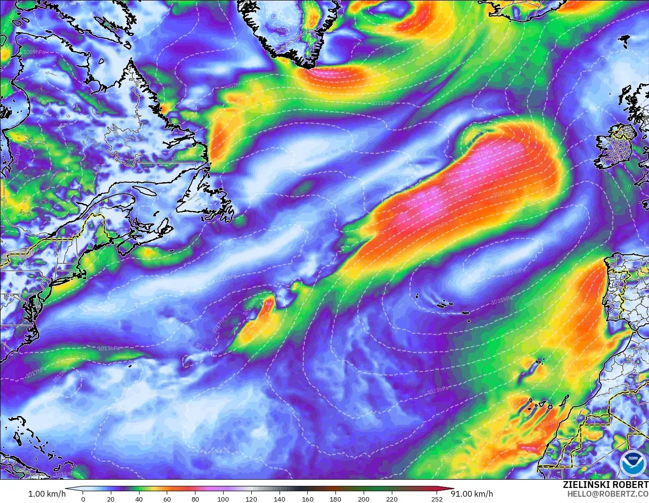 GFS modelo - Norte Atlántico, Ráfagas de viento