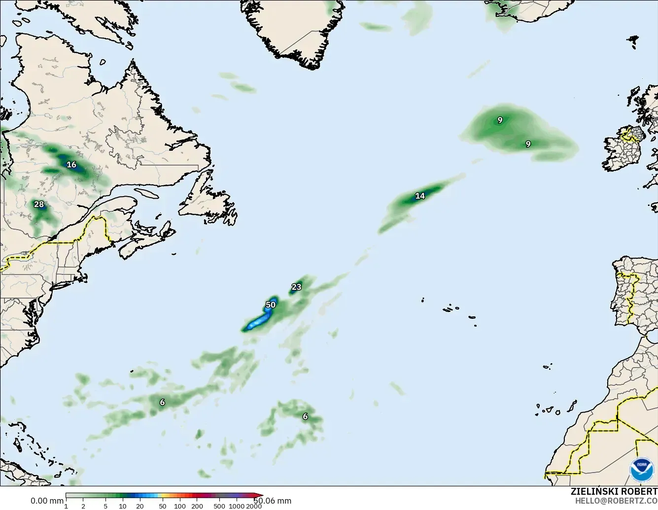 GFS modelo - Norte Atlántico, Acumulación de precipitación